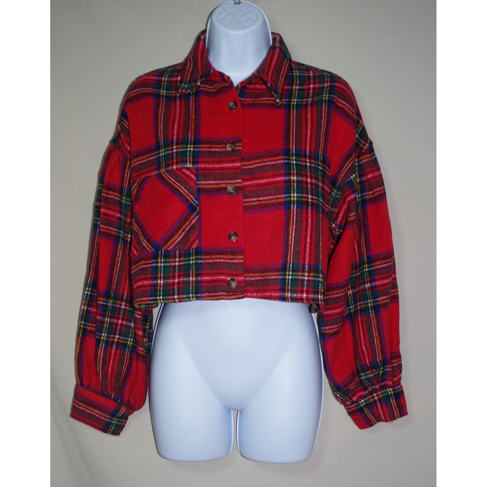 Hyfve Small Red Plaid Cropped Flannel Shirt Long Sleeve Button Down HF21G364